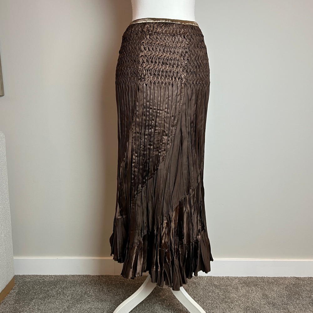 Jeune Jeunesse Brown Smocked Pleated Maxi Skirt Bronze Metallic L Fairycore Boho